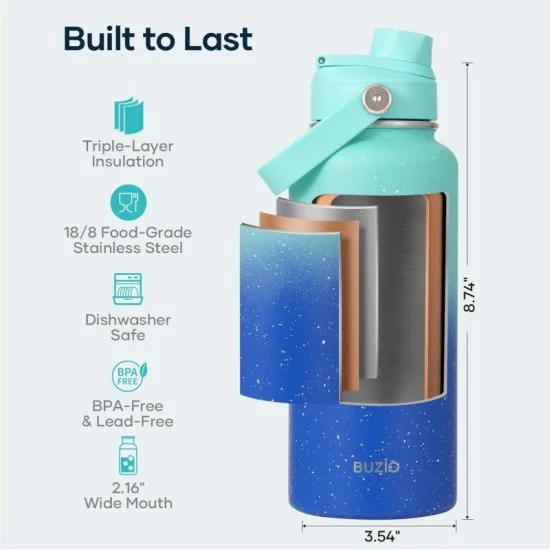 Buzio Duet Series Water Bottle with 2 Lids and Sleeve 1L -  Starry Pacific